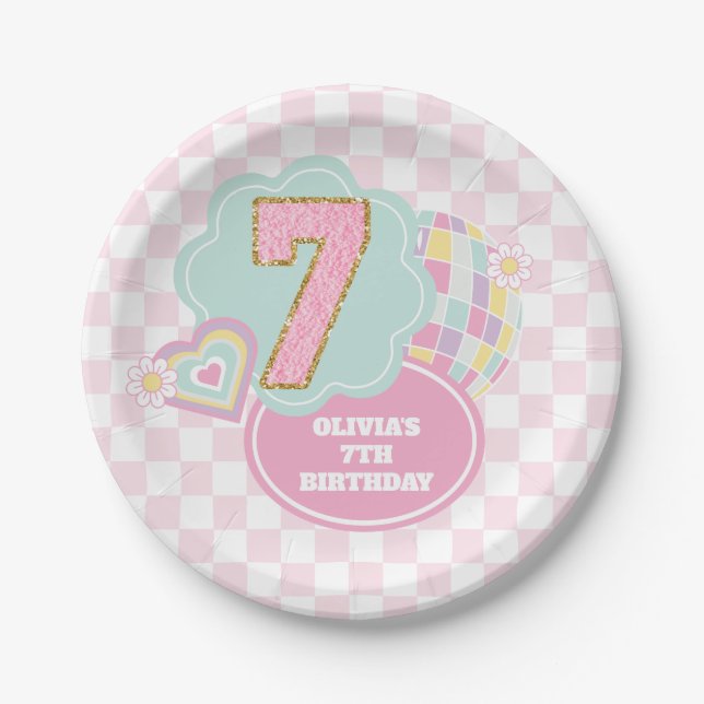 Plato De Papel Varsity preppy parche pastel 7 cumpleaños (Anverso)