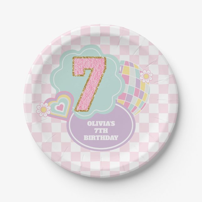 Plato De Papel Varsity preppy parche pastel 7 cumpleaños (Anverso)