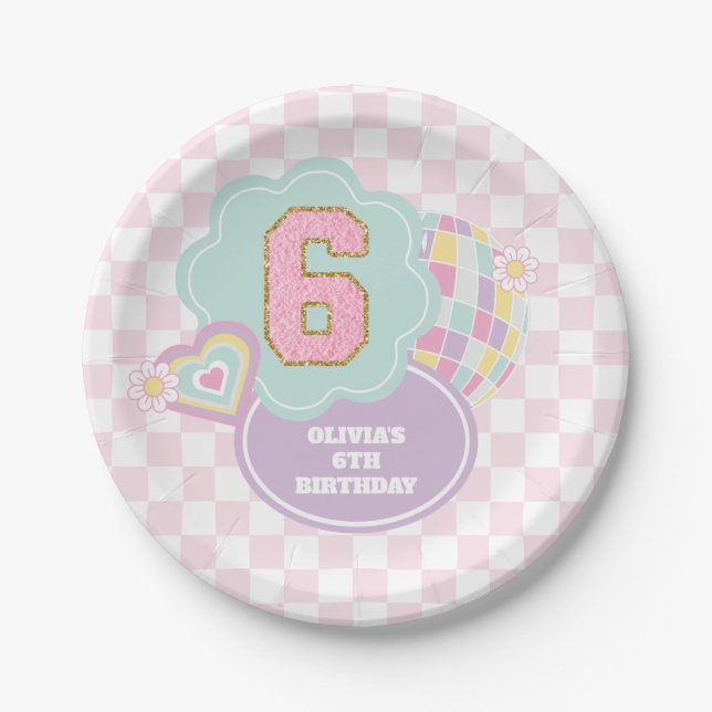 Plato De Papel Varsity preppy pastel parche 6 cumpleaños (Anverso)
