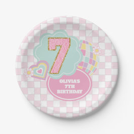 Plato De Papel Varsity preppy pastel parche 7º Cumpleaños