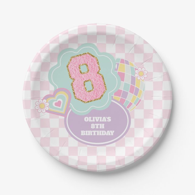 Plato De Papel Varsity preppy pastel parche 8 cumpleaños (Anverso)
