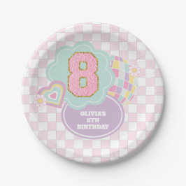 Plato De Papel Varsity preppy pastel parche 8 cumpleaños