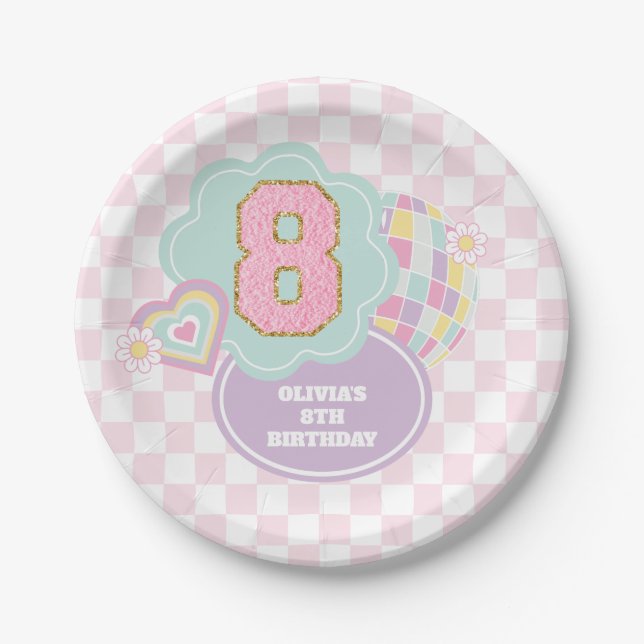 Plato De Papel Varsity preppy pastel parche 8 cumpleaños (Anverso)