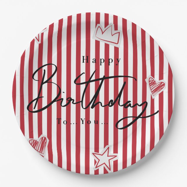 Plato De Papel Vaso de papel Feliz Cumpleaños con raya roja (Anverso)