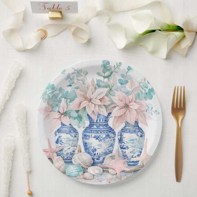 Plato De Papel Vasos Chinoiserie con Eucalyptus y Poinsettias (Boda)