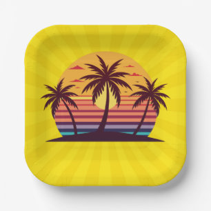 Plato De Papel Vector Atardecer con Palmeras