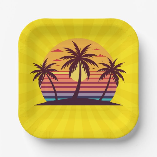 Plato De Papel Vector Atardecer con Palmeras (Anverso)