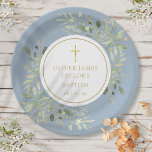 Plato De Papel Vegetación acuarela bautismo Christening Blue<br><div class="desc">Con delicadas hojas de acuarela y un elegante crucifijo dorado,  este bautismo de moda o plato de bautizo puede ser personalizado con su información especial sobre eventos en un polvoriento fondo azul. Diseñado por Thisisnotme©</div>