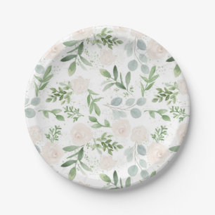 Plato De Papel Vegetación acuarela y patrón de flores blancas