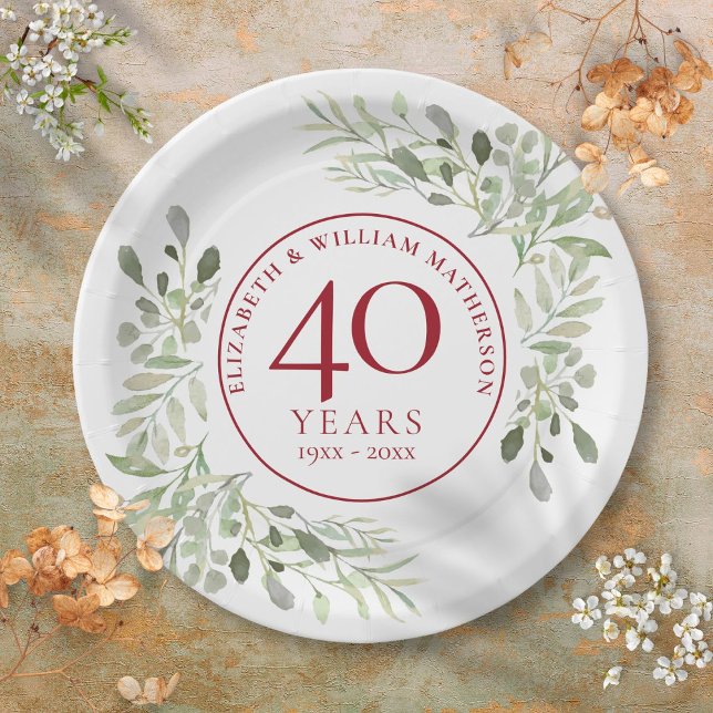 Plato De Papel Vegetación acuática 40 aniversario Boda (Watercolour Greenery 40th Wedding Anniversary Paper Plates)