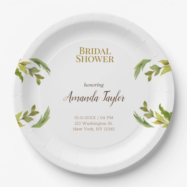 Plato De Papel Vegetación Floral Acuarela Elegante Ducha Bridal (Anverso)