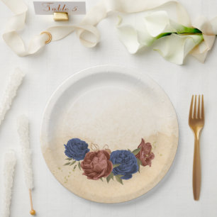 Plato De Papel vegetación floral azul marino terracota