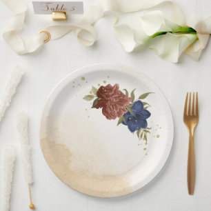 Plato De Papel vegetación floral azul marino terracota