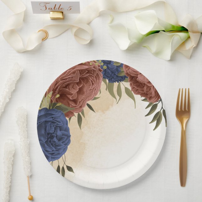 Plato De Papel vegetación floral azul marino terracota (Boda)