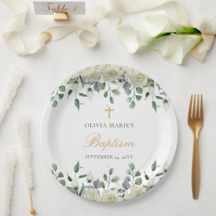 Plato De Papel Vegetación floral blanca Bautismo moderno simple