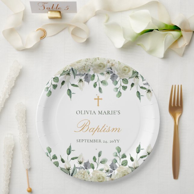 Plato De Papel Vegetación floral blanca Bautismo moderno simple (Boda)