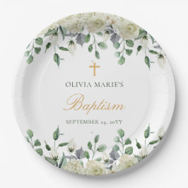 Plato De Papel Vegetación floral blanca Bautismo moderno simple