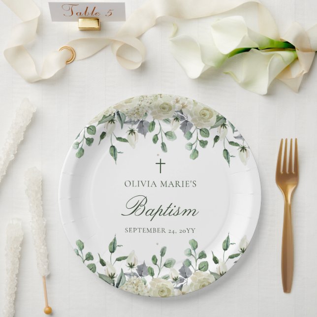 Plato De Papel Vegetación floral blanca Bautismo moderno simple (Boda)