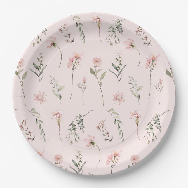 Plato De Papel vegetación verde de flor verde rosa chic de Shabby (Anverso)