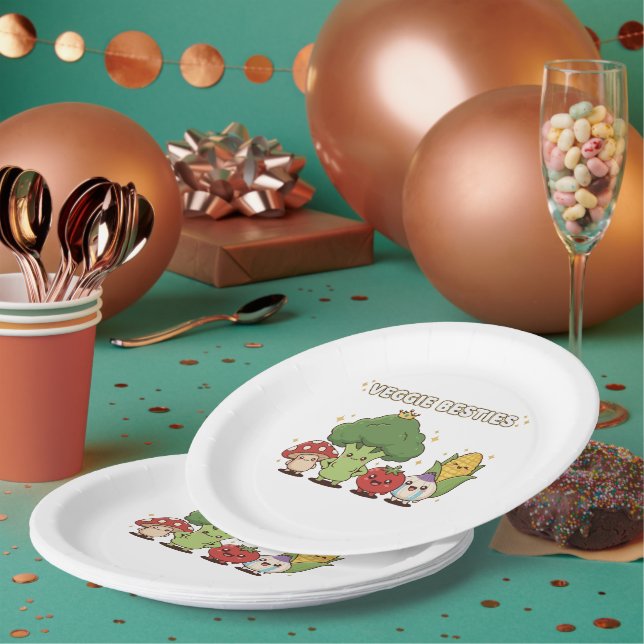 Plato De Papel Veggie Besties | Cute Kawaii Cartoon Vegetable  (Multi)