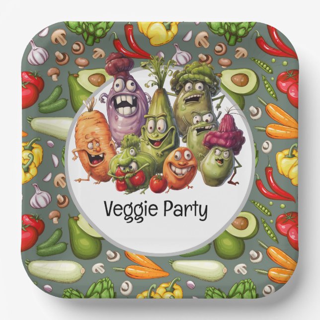 Plato De Papel Veggie Fiesta para divertidos vegetarianos (Anverso)