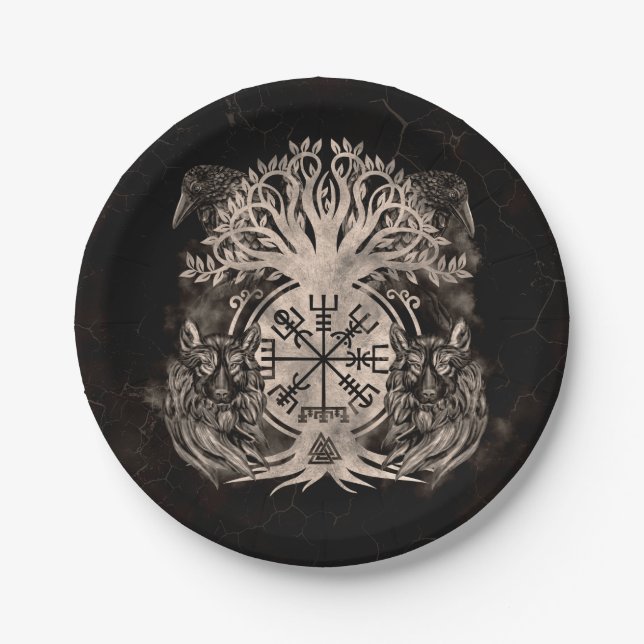 Plato De Papel Vegvisir - Yggdrasil con Ravens y Wolves (Anverso)