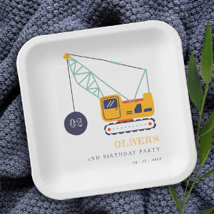 Plato De Papel Vehículo Cute Construction Crane Cualquier Cumplea