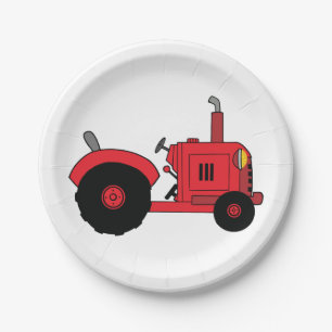 Plato De Papel Vehículo Tractor Rojo de Granja