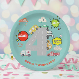 Plato De Papel Vehículos de pitido de hongos para el cumpleaños d