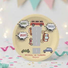Plato De Papel Vehículos retro de pitido de hongos cumpleaños cum