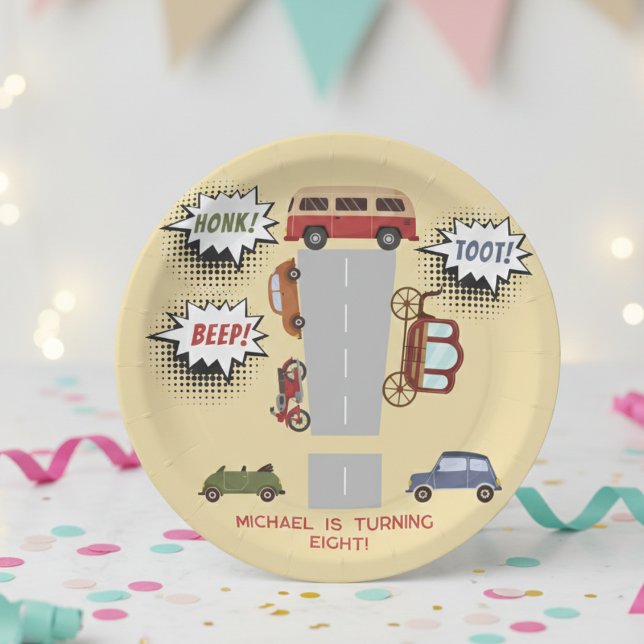 Plato De Papel Vehículos retro de pitido de hongos cumpleaños cum (Subido por el creador)