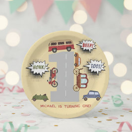 Plato De Papel Vehículos retro de pitido de hongos primer cumplea