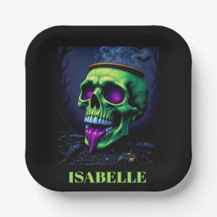 Plato De Papel velada gótica de halloween con calavera verde neón