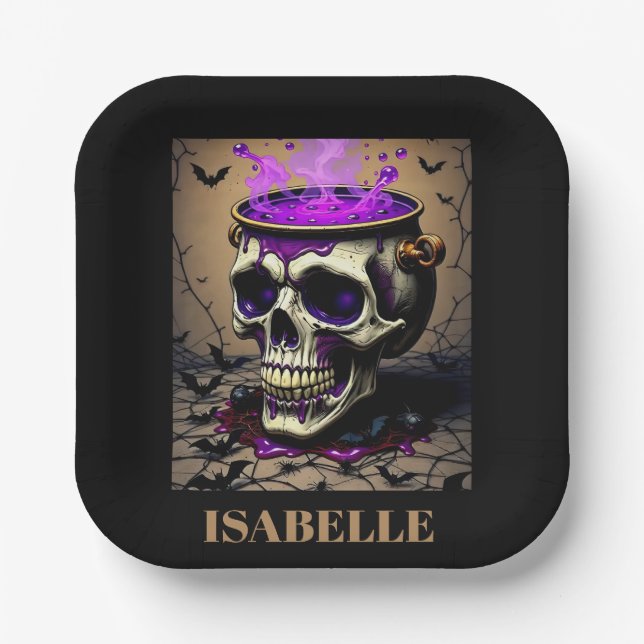 Plato De Papel velada gótica de halloween con cráneo perseguido (Anverso)