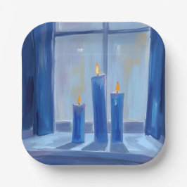 Plato De Papel Velas de Hanukkah azules acuarela