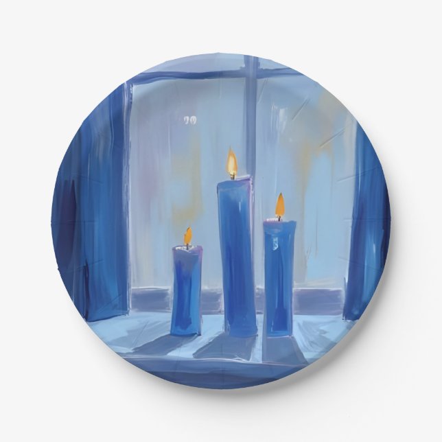Plato De Papel Velas de Hanukkah azules Acuarela (Anverso)