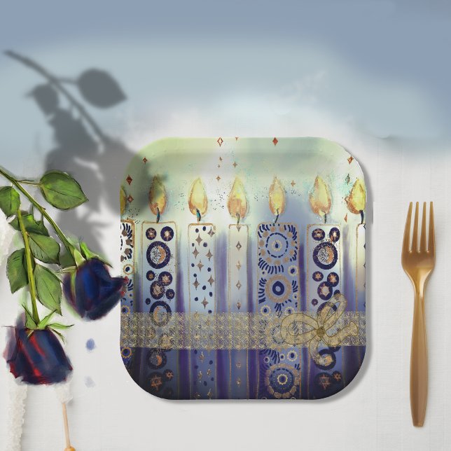 Plato De Papel Velas Ornamentales Lace & Bow Hanukkah (Ornamental Candles Lace & Bow Hanukkah Paper Plates)