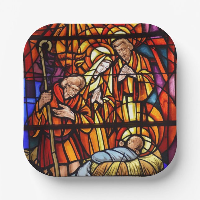 Plato De Papel Ventana de vidrio manchado Niño Jesús Natividad (Anverso)