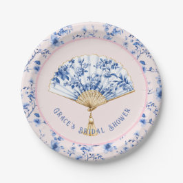 Plato De Papel Ventilador Chinoiserie rosa y azul | Tea de novia