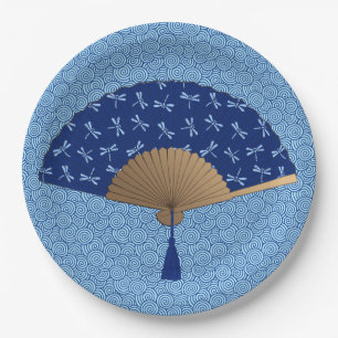 Plato De Papel Ventilador japonés, patrón de libélula, azul cobal