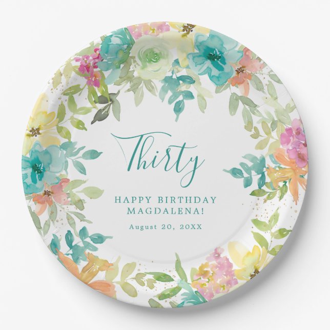 Plato De Papel Verano acuarela Personalizado Floral 30 cumpleaños (Anverso)
