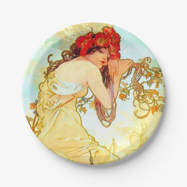 Plato De Papel Verano de Art Nouveau de Alphonse Mucha (Anverso)