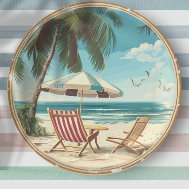 Plato De Papel Verano de paraguas tropicales y tumbonas (Subido por el creador)