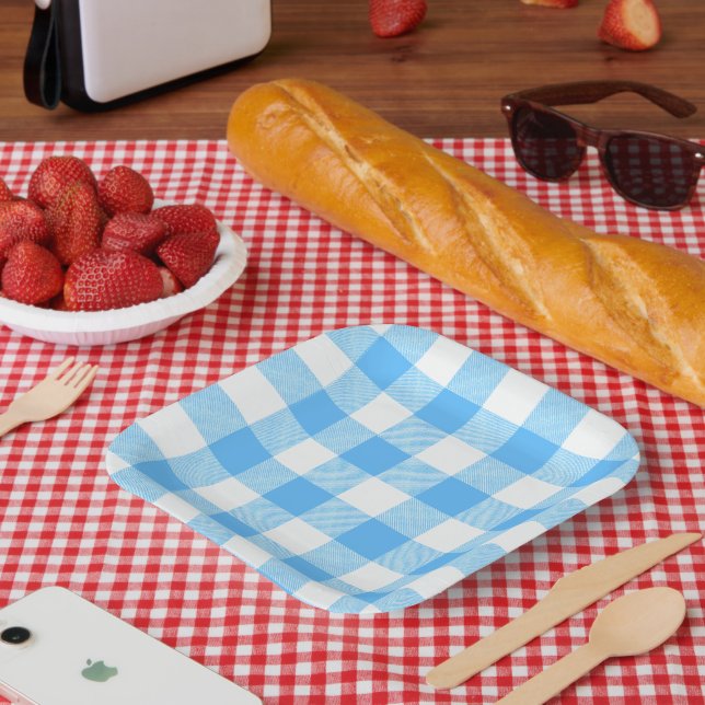 Plato De Papel Verano de vida lenta en cuadros azules (Picnic)