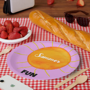 Plato De Papel Verano divertido Naranja amarillo Sun Purple