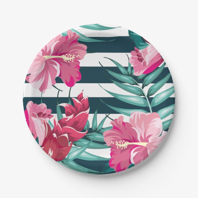 Plato De Papel Verano exótico Floral rayado (Anverso)