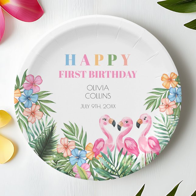Plato De Papel Verano Flamingo Tropical Feliz Primer Fiesta de Cu (Summer Tropical Flamingo Happy 1st Birthday Party Paper Plates)