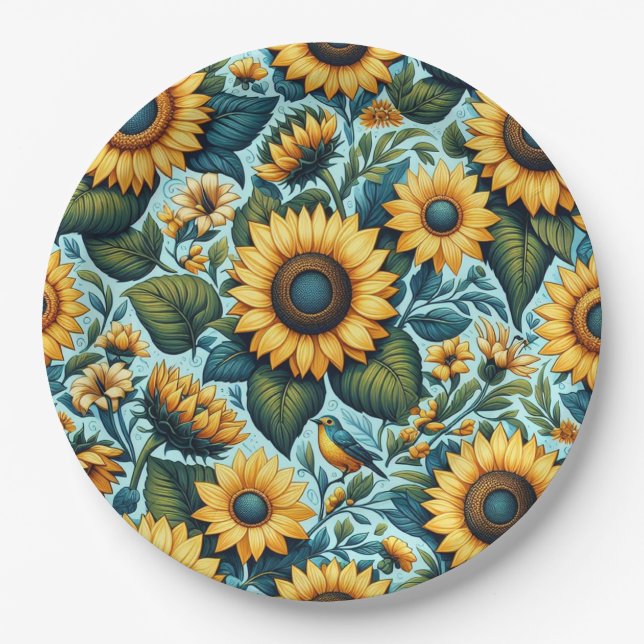 Plato De Papel Verano/girasol/ave (Anverso)