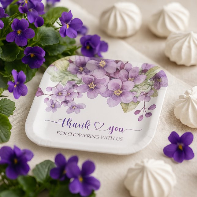 Plato De Papel Verano Morado Flores Violetas Delicadas Gracias (Summer Purple Delicate Violet Flowers Thank You Paper Plates)