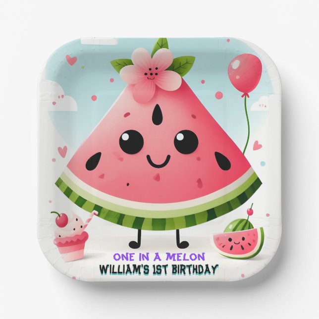 Plato De Papel verano rosa uno en un melón primer cumpleaños (Anverso)